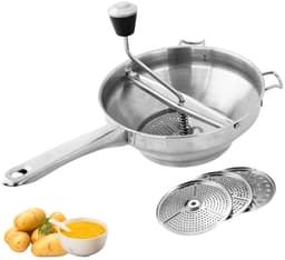 Deze roestvrijstalen keukenmachine wordt geleverd met drie maalschijven, een handmatige maalschijf en een opzetstuk voor het maken van puree. — thumbnail 1