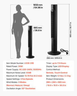 VEVOR 50W Torenventilator, 985 mm Kolomventilator met 3 Snelheden, 3 Standen, 7,5 Uur Timer, 50° Zwenkfunctie met Afstandsbediening, Stille Staande Ventilator voor Slaapkamer en Kantoor, Zwart — thumbnail 3