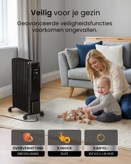 Slimme Oliegevulde Radiator 2500W met Wifi en App – Elektrische Kachel met 24-Uurs Timer, 3 Warmtestanden, Instelbare Thermostaat en Afstandsbediening – Zwart — thumbnail 5