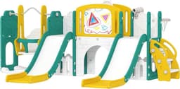 Kinderglijbaan 9-in-1 peuterglijbaan met basketbalmand, 2 glijbaan, klimrek, schommel, tunnel, verrekijker, scheurplank, kikkermotief en opbergdoos enz., voor binnen en buiten, voor 1-3 jaar — thumbnail 1