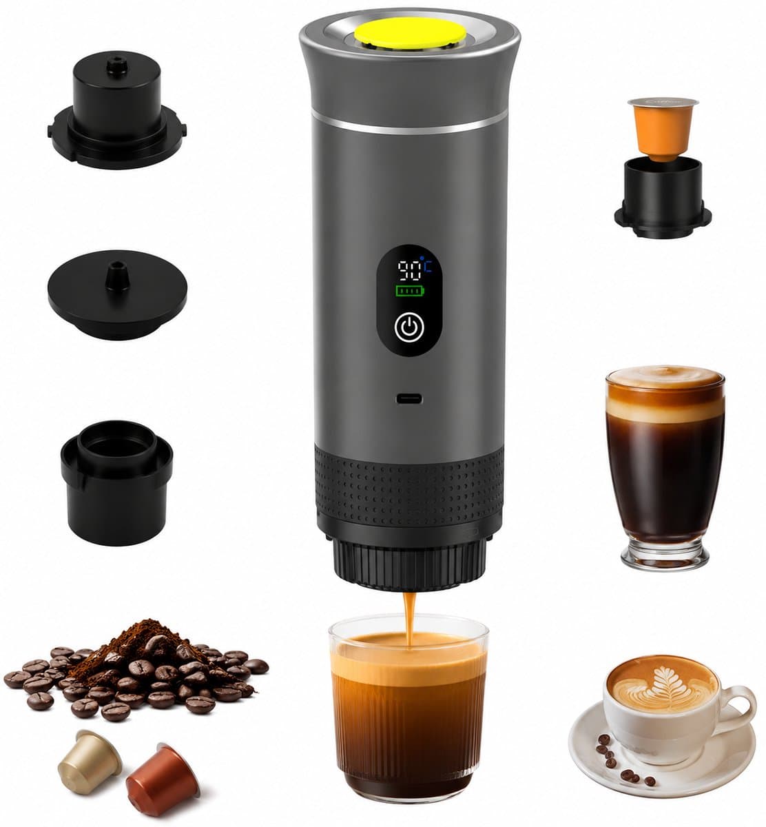 Draagbaar Koffiezetapparaat - 3-in-1 espressomachine – Met led-display – 20 bar druk en indicatoren voor temperatuur en batterijniveau in realtime – Geschikt voor gemalen koffie en capsules – Ideaal voor op reis, op kantoor en in de camper – Grijs — afbeelding 1
