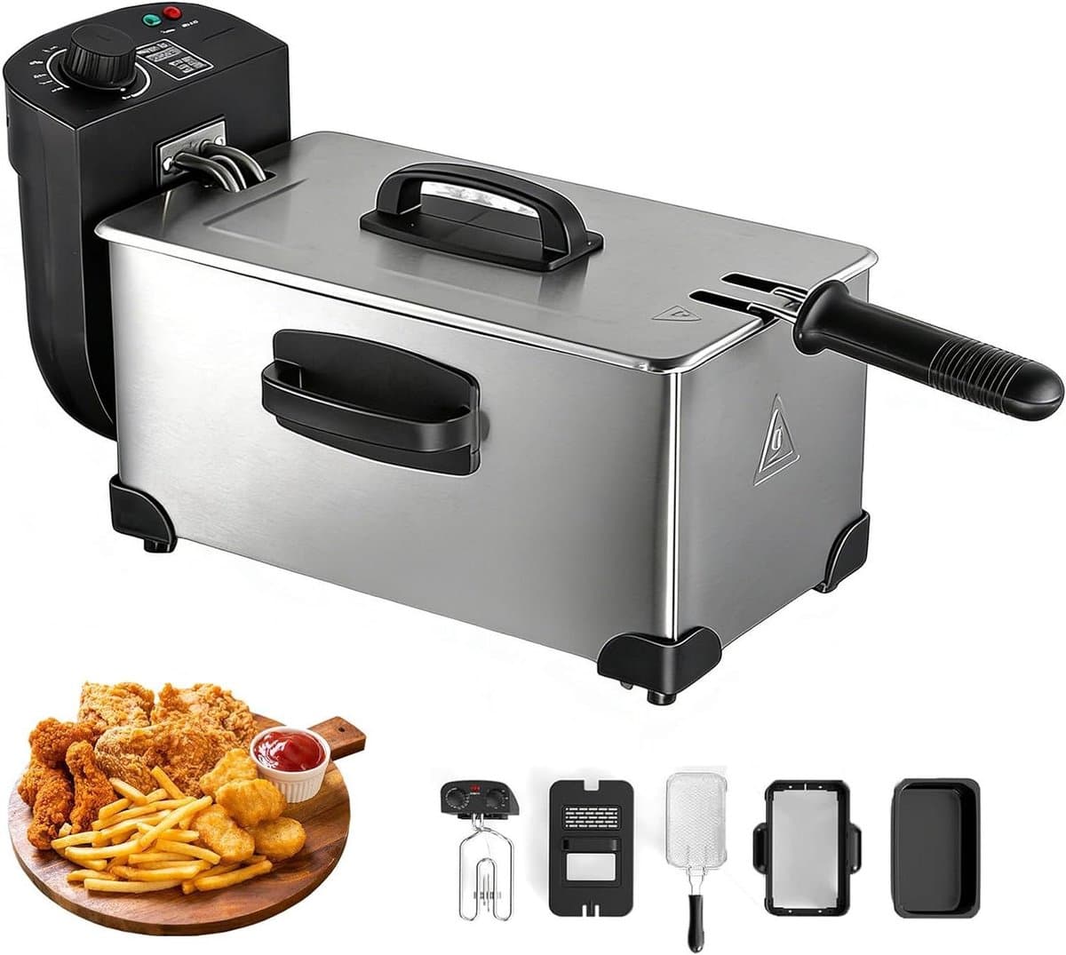 Elektrische Frituurpan - Friteusepan Airfryer - Thuis Frituren - Roestvrij Staal - 3 Liter - Zilver — afbeelding 1