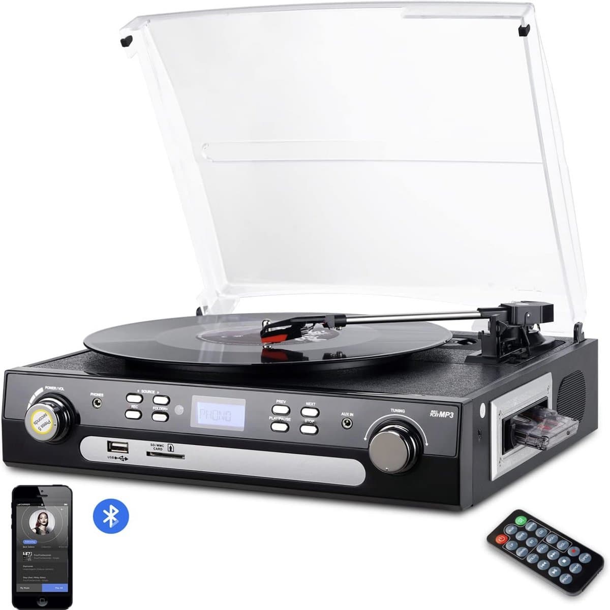 DIGITNOW - All-in-One Platenspeler met Bluetooth, Radio, Cassette, USB & SD – Vinyl naar MP3 – 33/45/78 RPM — afbeelding 1