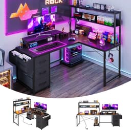 NordHaus L-vormig bureau - Gamingbureau - Computerbureau - LED-verlichting en opbergruimte - 100 x 48 x 148 cm — thumbnail 3