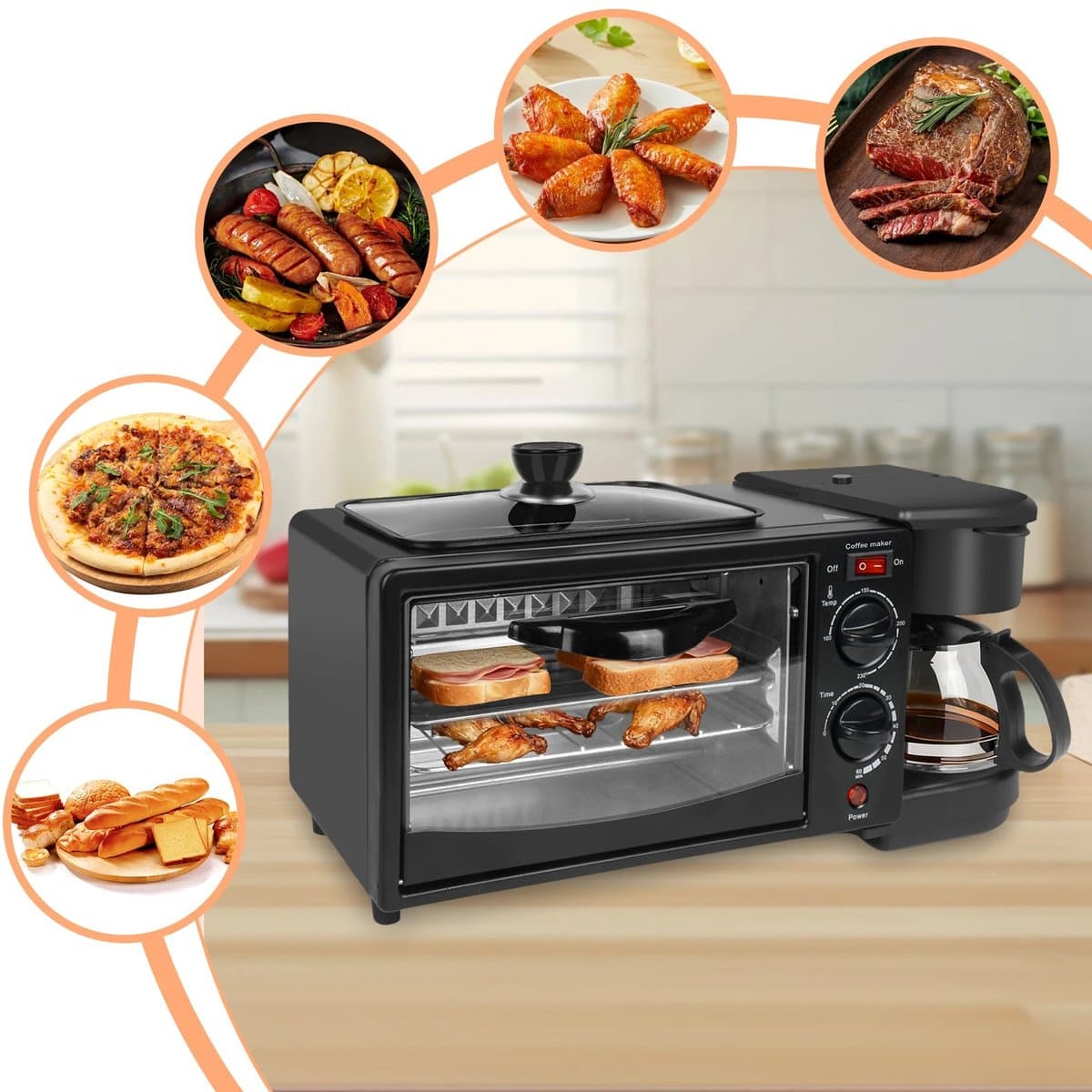 Velmio Ontbijtstation - 3-in-1 Ontbijtmaker - Koffiezetapparaat, 9L Oven & Koekenpan - voor Filter Koffie - Compact Design - Keukenmachine - 1050W - Zwart — afbeelding 1