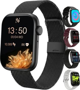 Nuvance Smartwatch Dames - Smartwatch Heren - Stappenteller Horloge Dames - Hartslagmeter - Sporthorloge - Geschikt voor iOS/Android - Incl. 5 Bandjes - Zwart — thumbnail 1