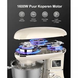 SHANNA Digitale Keukenmachine – 1600W Zuiver Koper – Standmixer – Bakmachine - 6,2L RVS Mengkom – Met LCD Timer, Deeghaak, Garde en Complete Bakaccessoires – Crèmewit — thumbnail 2