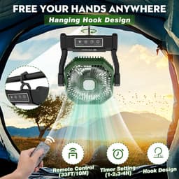 Campingventilator met LED Verlichting – Oplaadbare Tafelventilator – 10000mAh Accu – Afstandsbediening & 4 Snelheden — thumbnail 2