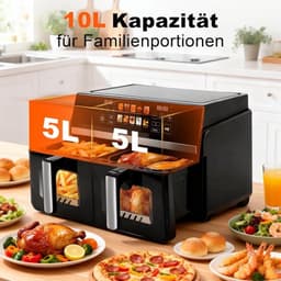 NETTLIFE Dubbele Airfryer 10L - Dual Zone 5+5L - Hetelucht Friteuse met Venster - SYNC & DUAL Functie - 2200W Touchscreen - 24 Uur Timer - Vaatwasserbestendig - Zwart — thumbnail 2
