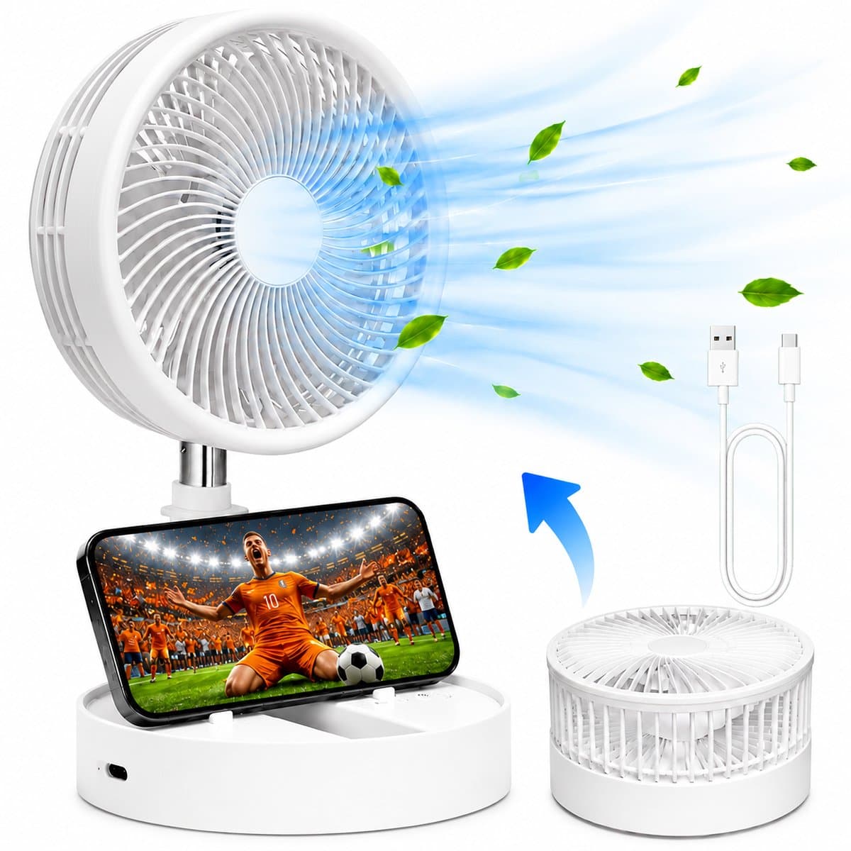 Tafelventilator met Telefoonhouder - USB-C Oplaadbaar - 3 Standen - Opvouwbaar en Draadloos - Staande Mini Ventilator - Fan - Verkoeling - WK Voetbal Kijken Accessoire - Kleine Aircooler - Mobiele Airco - 16,5 x 16,5 x 8 cm - Wit - Silvergear — afbeelding 1