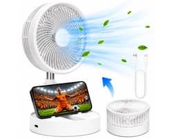 Tafelventilator met Telefoonhouder - USB-C Oplaadbaar - 3 Standen - Opvouwbaar en Draadloos - Staande Mini Ventilator - Fan - Verkoeling - WK Voetbal Kijken Accessoire - Kleine Aircooler - Mobiele Airco - 16,5 x 16,5 x 8 cm - Wit - Silvergear