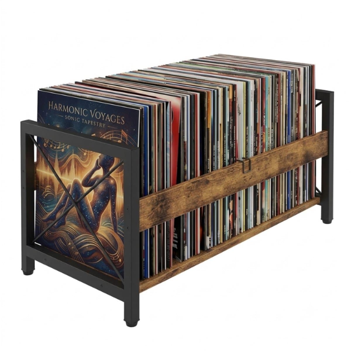 Kaëru Vinyl LP Opbergrek – Verstelbare Metalen Stang – Industriële LP Houder – voor 12 Inch Vinyl, Boeken – Vintage Bruin met Zwart Metaal – LP Opbergsysteem – Boekensteun — afbeelding 1