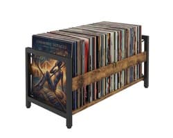 Kaëru Vinyl LP Opbergrek – Verstelbare Metalen Stang – Industriële LP Houder – voor 12 Inch Vinyl, Boeken – Vintage Bruin met Zwart Metaal – LP Opbergsysteem – Boekensteun