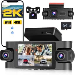 SnelShoppen - 4-kanaals dashcam 2K WiFi autovideo camera voorzijde en 1080P achterzijde, met 64GB kaart, loopopname, G-sensor, achteruitrijhulp — thumbnail 1