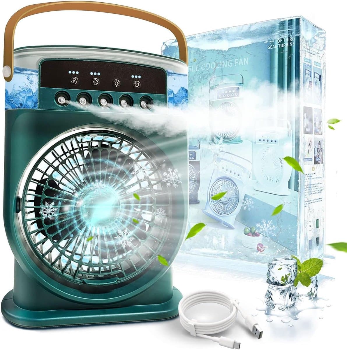 Mobiele airconditioning, stil, 4-in-1, luchtkoeler, mini met accu, mobiele airconditioning, zonder afvoerslang, draagbare airconditioning met verdampingskoeling, ventilator, type C met timer (groen) — afbeelding 1