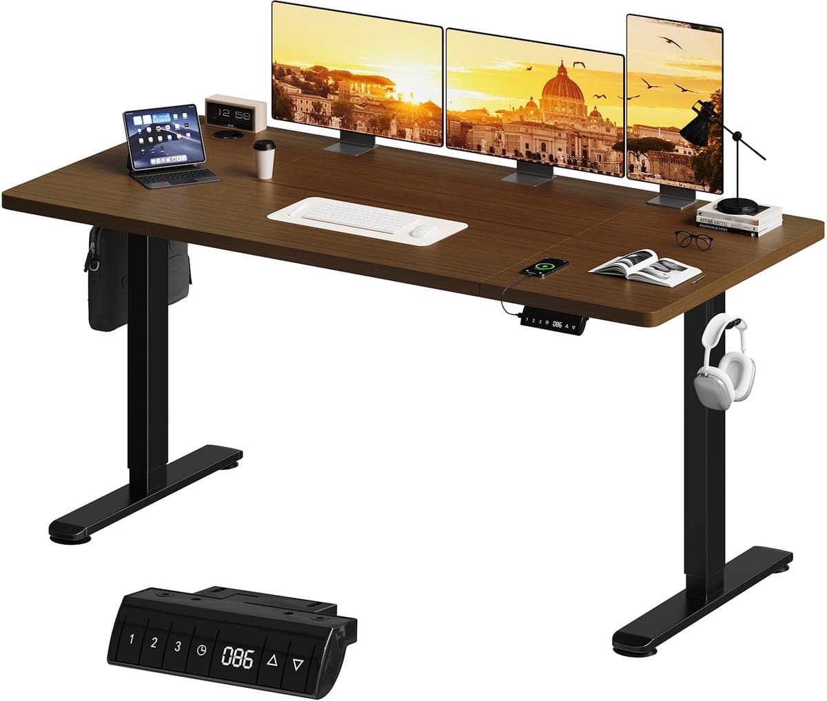 Devoko Elektrisch Zit-Sta Bureau 160x80 cm – 18 mm Dik Tafelblad – 3 Geheugenstanden – USB en Zit-alarm – Kabelmanagement – Zwart frame met walnootkleurig blad — afbeelding 1