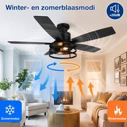 Lapamax Zwart Plafondventilator met Verlichting 132 cm –Modern industrieel Ventilator Lamp met Afstandsbediening – 6 Snelheden, Timer en Zomer/Winterstand – Voor Slaapkamer, Werkkamer en Veranda — thumbnail 2