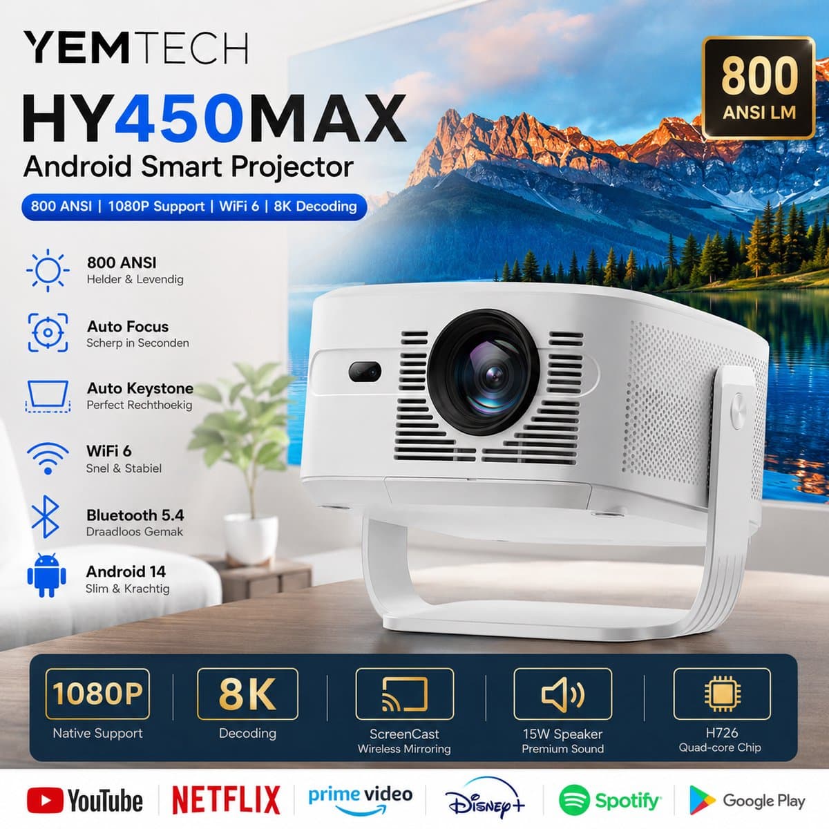 Yemtech® Thuisbioskoop Projector – Mini Beamer – HY450max – 800 ANSI Lumen – Full HD 1080P – 8K Ondersteuning – Android 14 – WiFi 6 – Bluetooth 5.4 — afbeelding 1