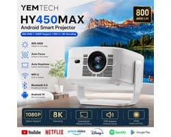 Yemtech® Thuisbioskoop Projector – Mini Beamer – HY450max – 800 ANSI Lumen – Full HD 1080P – 8K Ondersteuning – Android 14 – WiFi 6 – Bluetooth 5.4