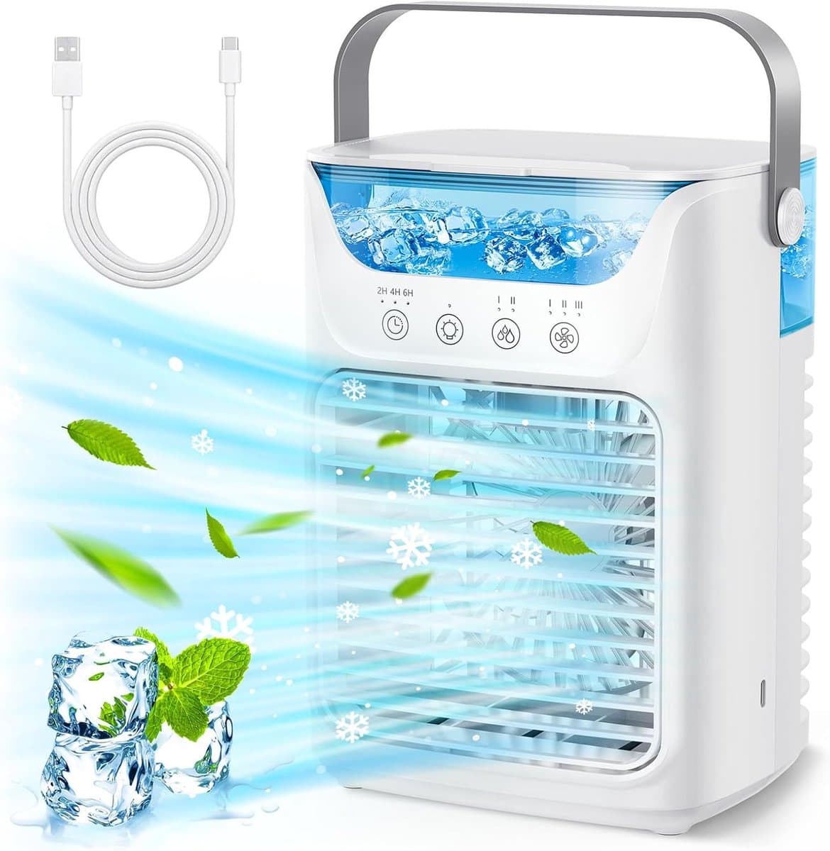 Airco - Mobiele airco - Draagbare airconditioner - Aircooler – 3-in-1 verdampingskoeler met 3 windsnelheden - met 700 ml watertank - 7-kleuren nachtlampje - 2/4/6-uurs timer - mini-koeler luchtbevochtiger met touch screen controle — afbeelding 1