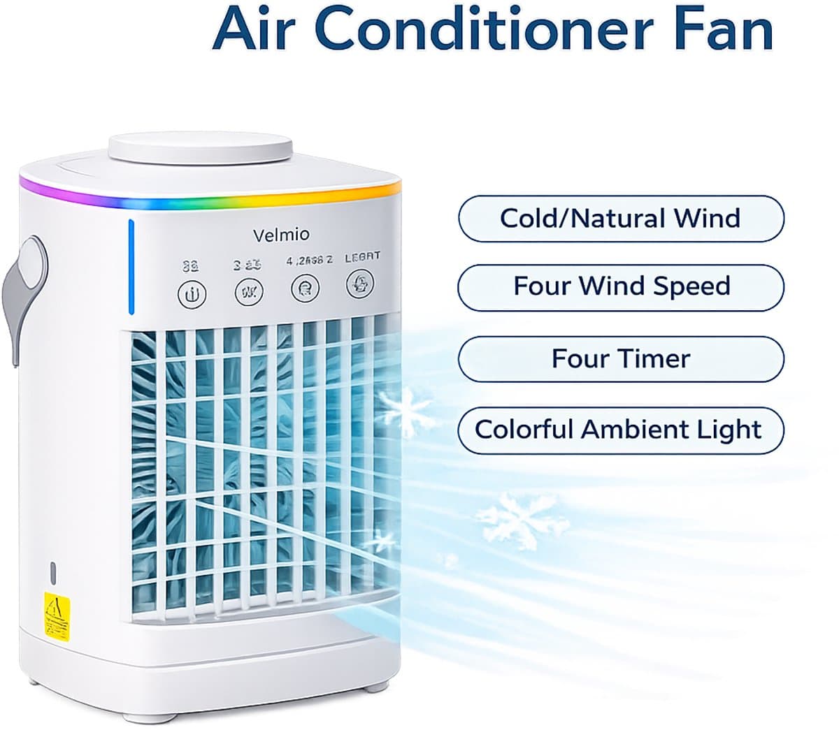 Velmio 4-in-1 Mobiele Airco Zonder Afvoerslang – Koude Luchtblazer - Ventilator - Airconditioning – 700 ml Watertank - Aircooler Met 3 Standen - Sfeerlicht — afbeelding 1