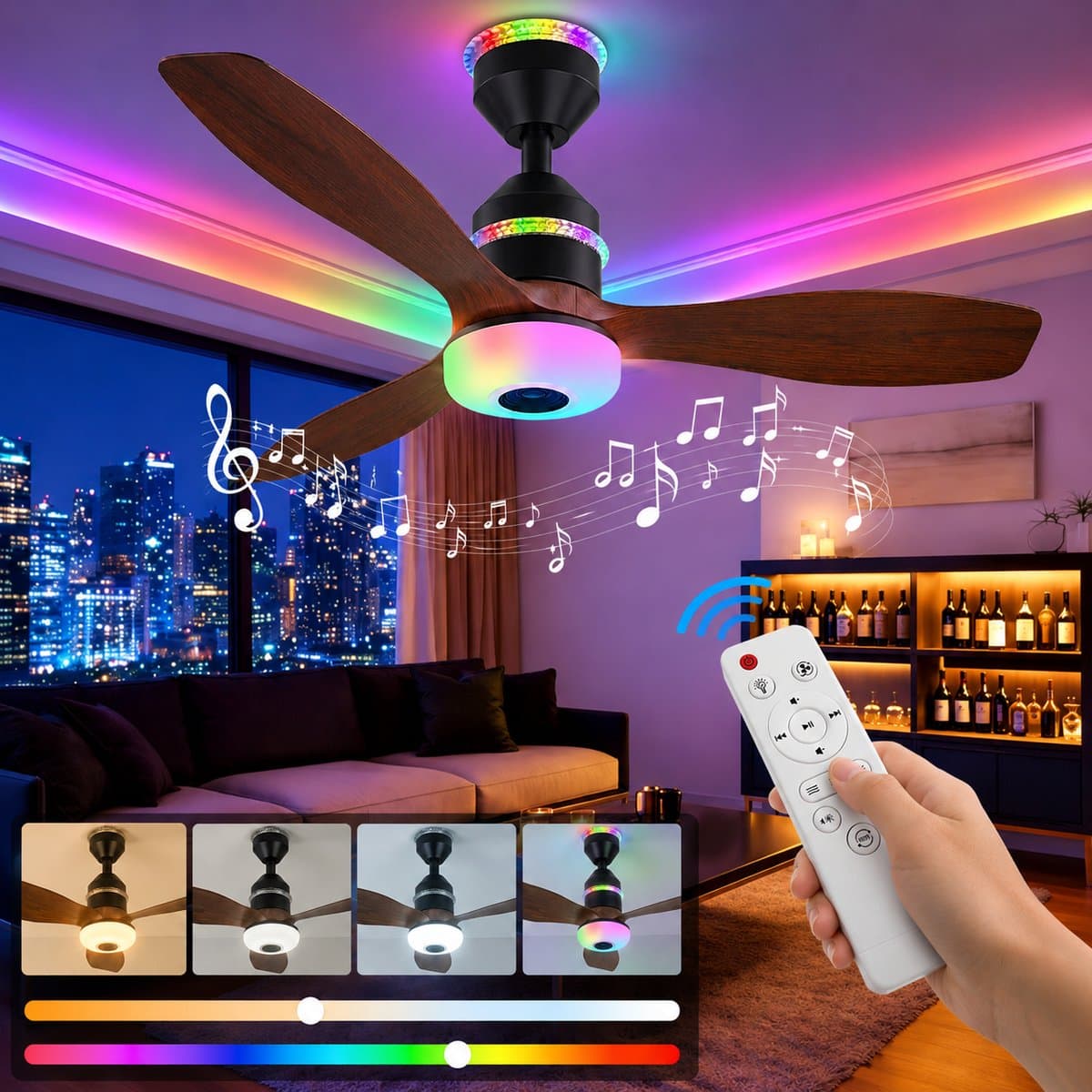 MUPOO Modern Houtlook Plafondventilator met Lamp Ø61cm- Bluetooth Speaker & plafonventilator afstandsbediening-RGB ventilator lamp plafond met 3 Snelheden & Slaapmodus - plafondventilator slaapkamer Woonkamer gamekamer — afbeelding 1