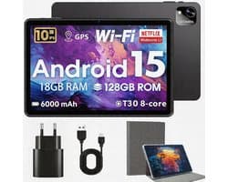 SnelShoppen - 10 Inch Android 15 Tablet met 18GB RAM, 128GB ROM, Octa-Core, WiFi 5, 6000mAh, Dual Camera, Geheugen uitbreidbaar tot 1TB, Perfect voor