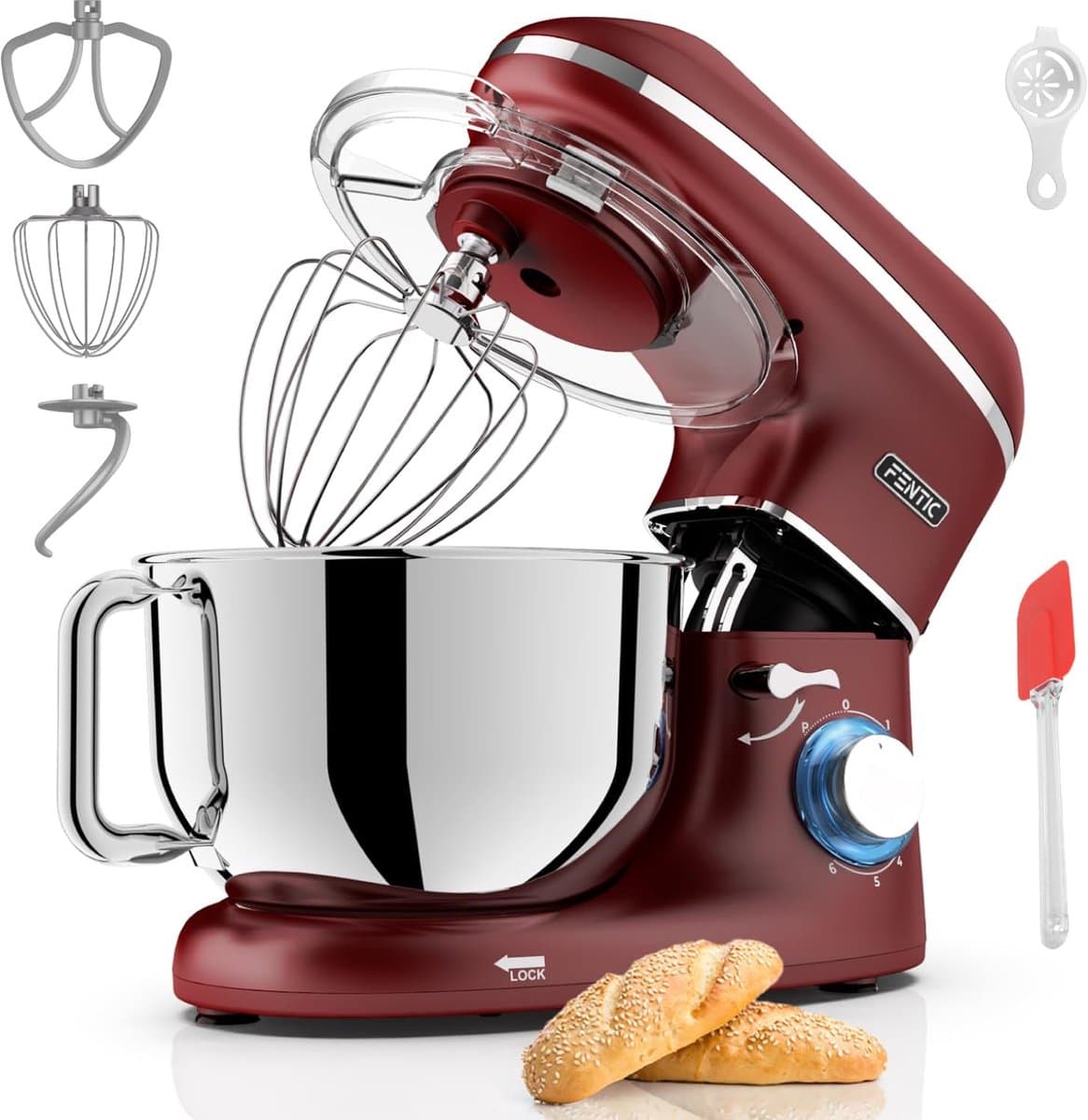 SnelShoppen - Keukenmachine 2000W RVS Mengkom 6,2 L - Keukenmixer met Roerhaak, Kneedhaak, Klopborstel, Spatbescherming en Extra Accessoires - Rood — afbeelding 1