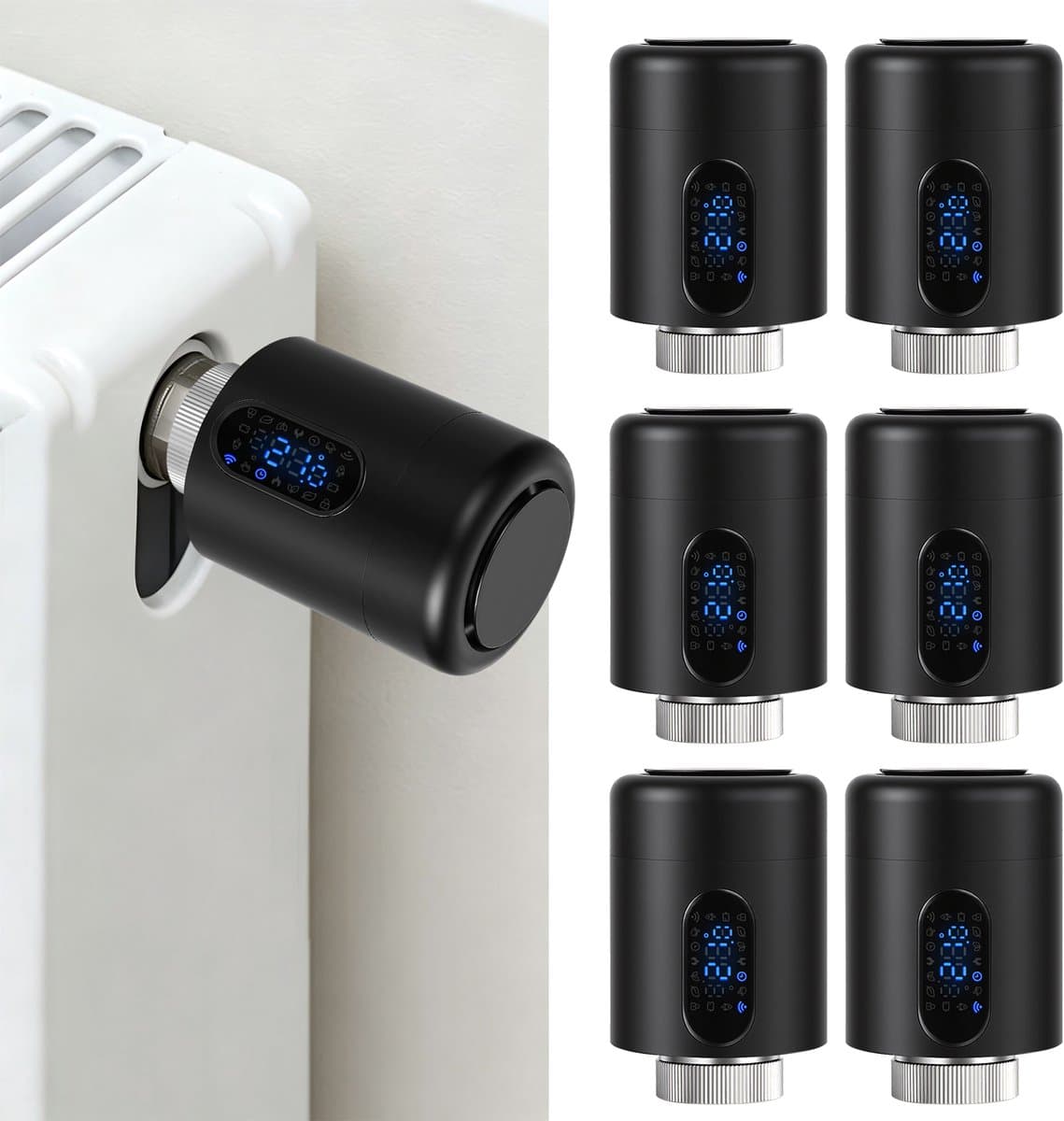 Radiator Thermostaat WiFi – Raamdetectie, Vorstbeveiliging en Kinderslot – Zwart – 6-pack — afbeelding 1
