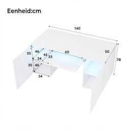 VVBV Bureau 140x50x78 cm - LED-Verlichting, Hoogglans, 2 Deuren, Opbergruimte - Wit, Spaanplaat — thumbnail 2