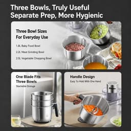 Elektrische Hakmolen 350W – Foodprocessor met 3 RVS Kommen – 2 Snelheden – 2,5L – Voor Vlees & Groenten — thumbnail 3