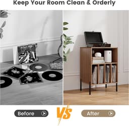 Platenspeler Stand met Laadstation - Platenspeler Meubel - Vinyl Opbergsysteem voor 150 LP's - Houten Platenkast met 5 Open Vakken - LP Record Holder - Tafel voor Draaitafel & Printer - Audio Bijzettafel Woonkamer & Kantoor - Walnoot — thumbnail 5
