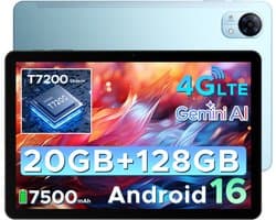 DOOGEE Tab G5 - Tablet - 20GB + 128GB (2TB TF) - 4G LTE - Android 16 - 10 inth 120Hz IPS HD - Unisoc T7200 - 7500mAh - 2 Lautsprecher - Widevine L1 - Face ID - GPS - Blauw