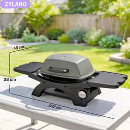 Draagbare Gasbarbecue - Inklapbaar Gasbarbecue en grill - 1 Branders - 3,3 kW - Grillwagen - Barbecuewagen - met Grillrooster, Bijzettafels, Vetopvangbak, Thermometer & Deksel - 102 x 48 x 38 cm - Zwart + Grijs — thumbnail 2