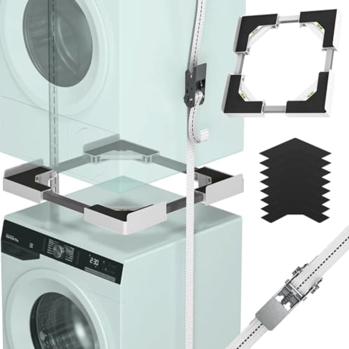 Universele stapelset voor wasmachine en droger, verstelbaar tussenbouwframe 45-68 cm, wit - Plaatsbesparende oplossing met trillingsdemping en bevestigingsriemen — afbeelding 1