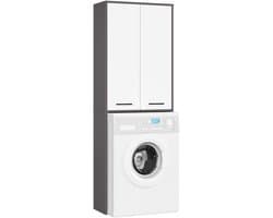 Badkamerkast voor Wasmachine FIN / Hoge Wasmachinekast met 2 Deuren / AKORD Furniture Factory / Grafietgrijs - Wit / 64 x 180 x 30 cm