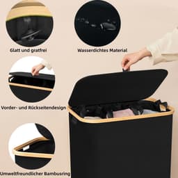 Wasmand 3 Vakken - Kleding Opberger - Sorteren Wasgoed - Inclusief Schoenwaszak - 180 Liter - Zwart — thumbnail 4