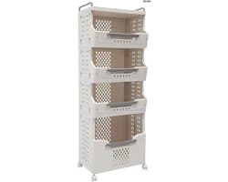 Waskast met Wielen - Kleding Organizer - Sorteren en Opbergen - Vier Compartimenten - 110 cm Hoog - Wit Grijs