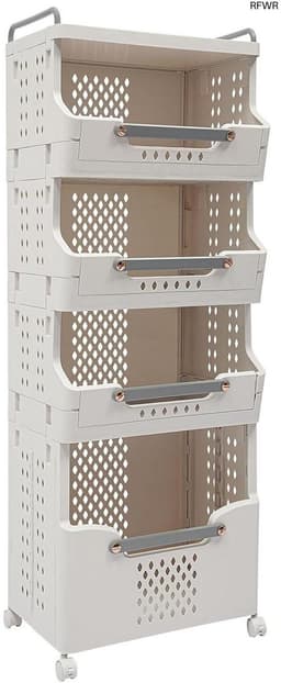 Waskast met Wielen - Kleding Organizer - Sorteren en Opbergen - Vier Compartimenten - 110 cm Hoog - Wit Grijs — thumbnail 1
