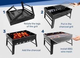 Daity 1 stuk - Houtskoolbarbecue – Draagbare tafelgrill, camping- & picknickgrill – Afneembare, inklapbare minigrill voor buiten, terras en camping (Klein) – Zwart — thumbnail 4