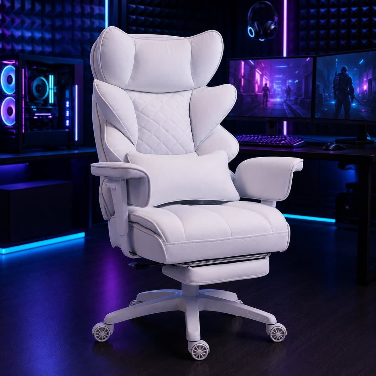 Dowinx Gamingstoel - Ergonomische Bureaustoel - Verstelbaar - Gaming Chair - Comfort gamer stoel - Pocketvering Zitkussen - Dubbele Zachte Rugleuning - Verstelbaar Lendenkussen - Met armleuningen - Met voetsteun - Stof -Wit — afbeelding 1