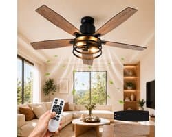 MUPOO massief hout Plafondventilator met Verlichting 112 cm - Energiezuinige DC Motor&Afstandsbediening -Muisstil- Zomer- en winterstand-6 Snelheden & Timer- ventilator lamp plafond Voor Slaapkamer & Woonkamer — afbeelding 1