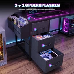 Gaming Bureau met LED Verlichting - 148x100x148 cm - L-Vormig Hoekbureau met Stopcontact - 3 Non Woven Lade - Gaming Desk - Computer Tafel - Gaming Tafel - met Opbergplanken, Tas & IJzeren Haak - Zwart - Bureau voor Gamen, Studeren en Werken — thumbnail 5