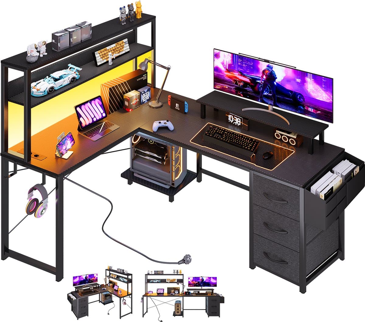 Gaming Bureau met LED Verlichting - 148x100x148 cm - L-Vormig Hoekbureau met Stopcontact - 3 Non Woven Lade - Gaming Desk - Computer Tafel - Gaming Tafel - met Opbergplanken, Tas & IJzeren Haak - Zwart - Bureau voor Gamen, Studeren en Werken — afbeelding 1