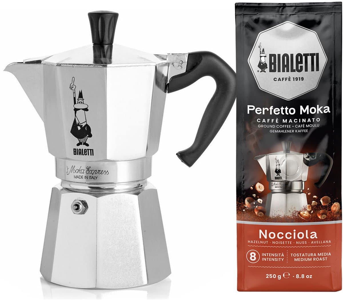 Bialetti Moka Express 4 kops + Bialetti Hazelnoot gemalen koffie 250gr — afbeelding 1