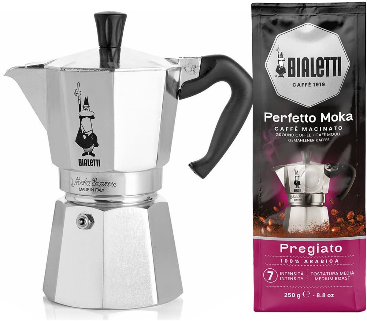 Bialetti Moka Express 4 kops + Bialetti Delicato gemalen koffie 250gr — afbeelding 1