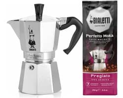 Bialetti Moka Express 6 kops + Bialetti Delicato gemalen koffie 250gr