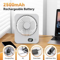 VHV - Ventilator - Tafelventilator - Mini ventilator - Tafelventilator met USB-aansluiting - Klein formaat - 2500 mAh batterij - Stille mini-tafelventilator met LED-display - Draagbare bureauventilator - Voor thuis - Kantoor en kamperen - Wit — thumbnail 2