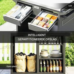 Buitenkeuken op Wielen – BBQ Trolley – Met Opbergkast & Planken – Werktafel voor Buiten – Hout & Metaal – Multifunctioneel – Zwart — thumbnail 3