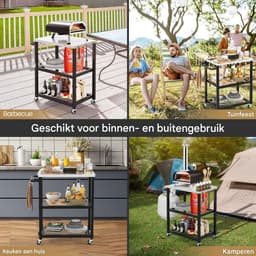 Buitenkeuken op Wielen – BBQ Trolley – Met Opbergkast & Planken – Werktafel voor Buiten – Hout & Metaal – Multifunctioneel – Zwart + Zilver — thumbnail 4